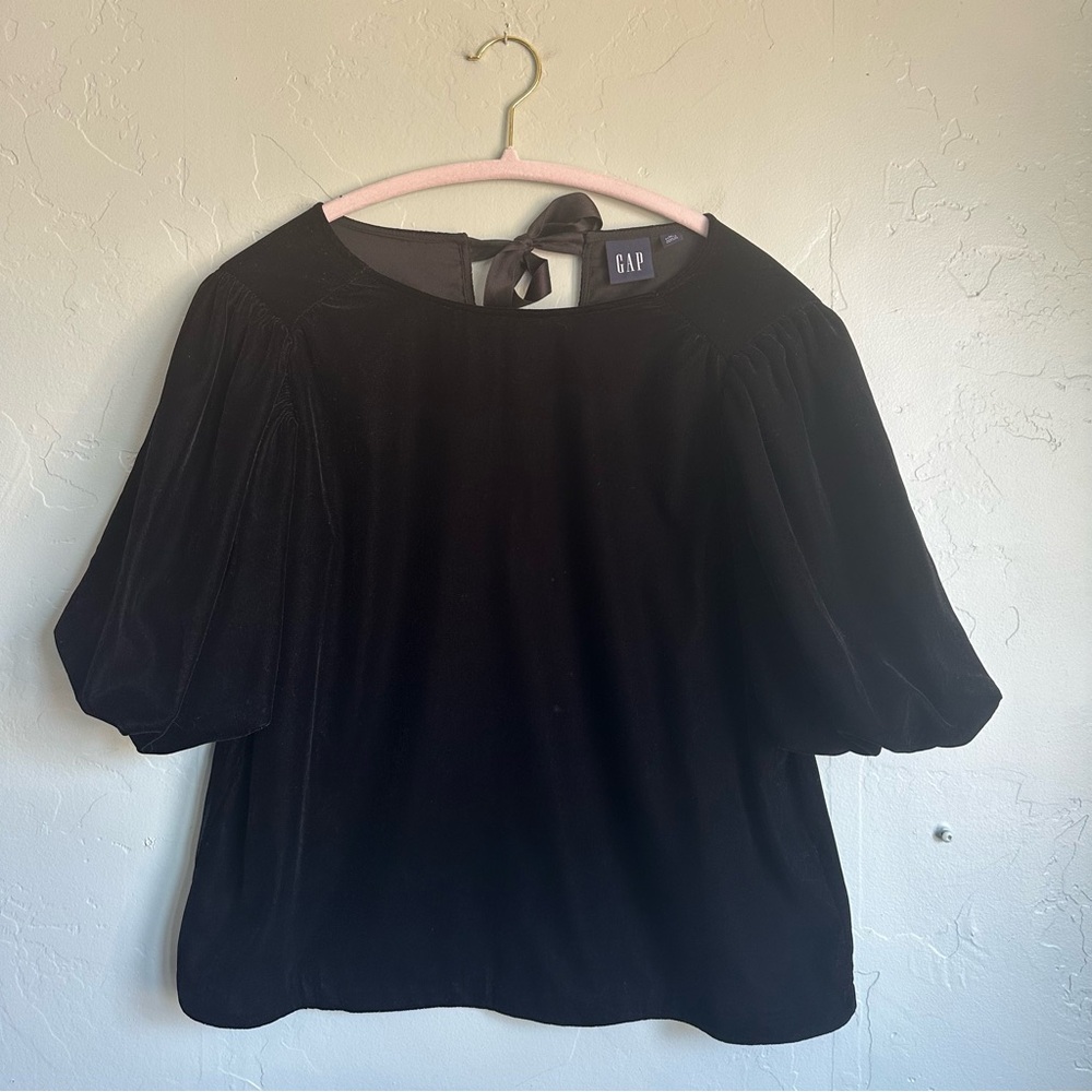 GAP Women's Puff Sleeve Black‎ Velvet Satin Tie Back Top Size Medium Petite